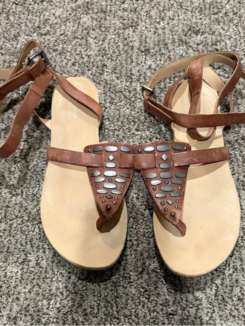 Koolaburra Brown Leather Studded Toe-Loop Sandals